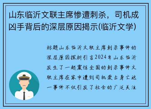 山东临沂文联主席惨遭刺杀，司机成凶手背后的深层原因揭示(临沂文学)