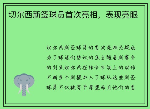 切尔西新签球员首次亮相，表现亮眼