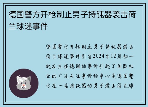 德国警方开枪制止男子持钝器袭击荷兰球迷事件